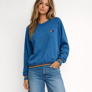 Aviator Nation Rainbow Rib Sweatshirt Medium Teal Blue Crewneck Lounge Beachy